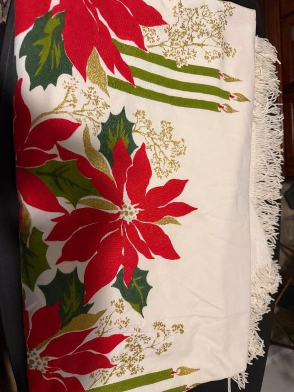 Vtg Christmas Poinsettia Cotton/Poly Tablecloth 60x80" w/3"Fringe - Lot#31-32X
